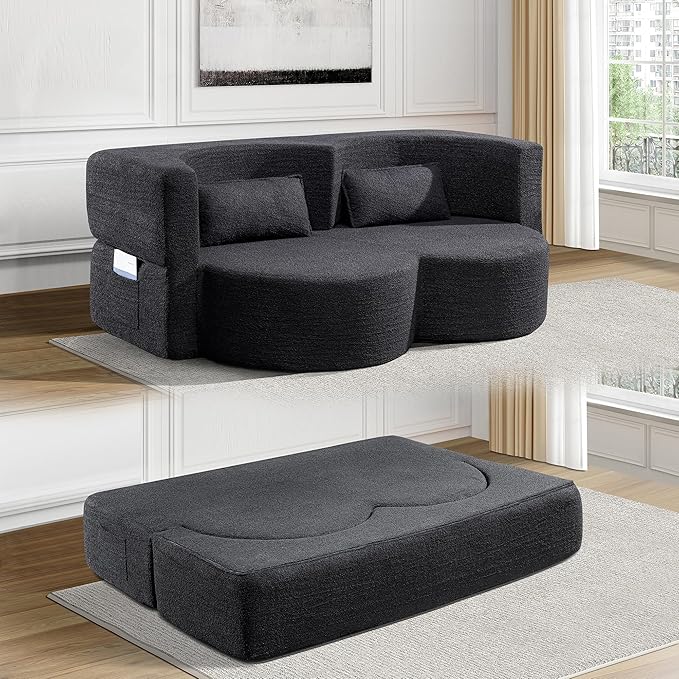 Convertible Folding Sofa Bed79”Full Size Floor Sleeper Boneless CouchTeddy Velvet Full Foam Futon Loveseat for Living Room BedroomNo Assembly Required (Black)