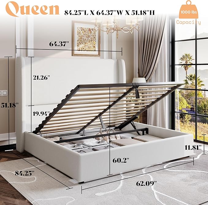 AMERLIFE Lift Up Storage Bed Queen Size Linen Upholstered Platform Bed Frame Hydraulic Storage No Box Spring Needed White