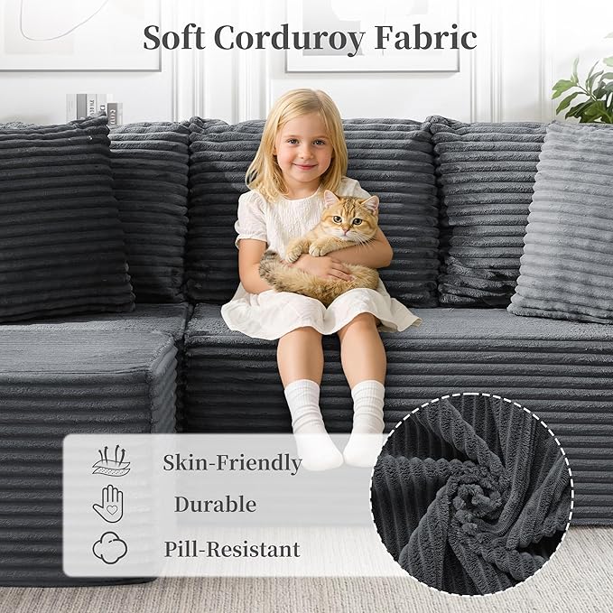 80 Cloud Modular Sectional Sofa with L-Shaped Boneless Couches for Living Room Fluffy Comfy Corduroy Deep Seat with Ottoman Bedroom Apartment No Assembly Required