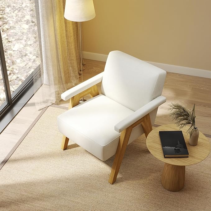 Mid-Century Accent Chair Linen Fabric Upholstered Lounge Armchair with Solid Wood Frame Modern Reading Chair for Living Room Bedroom Apartment – Ivory White