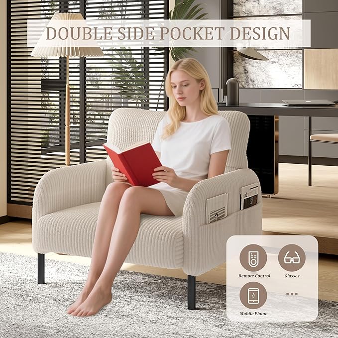 Modern Living Room Chair Single Seat Wide Chair Upholstered Corduroy Fabric Accent Armchair Single Sofa Chair with Side Pocket and Wood Legs for Bedroom/Office/Reading Spaces (Beige)