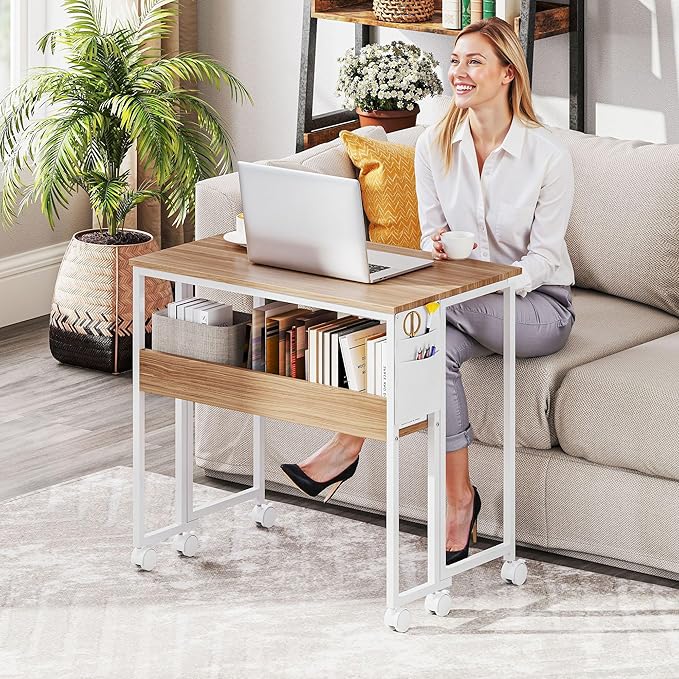 HOMCOM Small Folding Desk Rolling Computer Desk Foldable with Storage Bag and Shelf 31.5 Portable Writing Table on Wheels for Small Spaces Home Office Study Easy Assembly Natural Wood