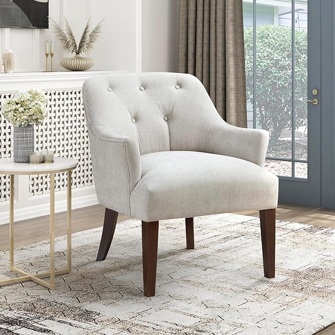 Lexicon Modern Accent Chair Textured Fabric Upholstered Arm Chair with Button Tufted Back Sloped Flared Arms and Wooden Legs for Living Room/Bedroom Oyster