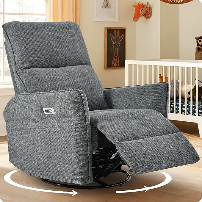 Power Swivel Rocker Recliner Chair for Nursery Upholstered Snowflake Velvet 270°Swivel Glider Rocker Chair with USB Ports Small Power Recliners for Small Spaces Living Room