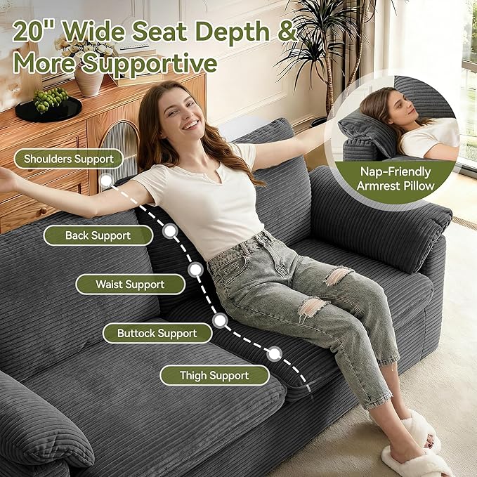 86 Loveseat Sofa Grey Corduroy CouchModern Cloud Sofa Love Seat Deep Seat Slipcovered Sofa with 2 Wide Armrest Pillows for Small Spaces Apartment Studio Office Bedroom Living Room