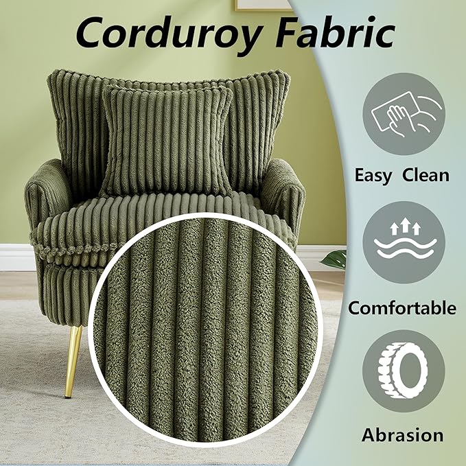 30 Green Accent Chair Corduroy Accent Armchair with Soft Pillow &amp Gold Legs Comfy Upholstered Arm Chairs for Samll Space Living Room Bedroom 300 LBS Capacity (Green)
