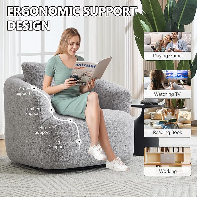 Swivel Accent Chair360° Rotating Barrel ChairTeddy Fleece High-Resilience Sponge Single Sofa Easy Assembly for Living Room Bedroom Apartment Light Grey