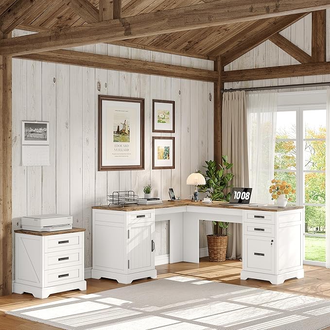 Whalefall Farmhouse L Shaped Desk with Drawers 67 Inch Executive Home Office Desk with File Cabinet Computer Corner Desk with Charging Station White