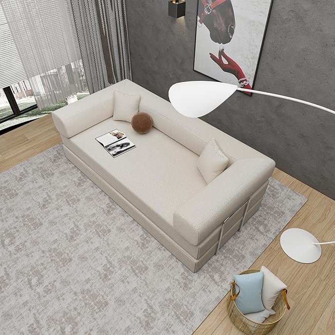 Convertible Sleeper Sofa Bed with Upgraded All High-density 35D Foam No Assembly Foldable Sleeper Couch Folding Floor Boneless Mattress Couch for Living Room Bedroom Apartment Lounge Office Beige