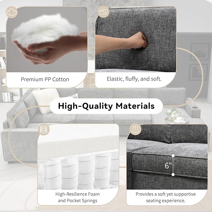 Merax Modern U-Shaped Cloud Couch Set with Oversized Chaise Lounge Chenille 6-Seat Sectional Sofa Sleeper Bed with Cup Holders for Living Room Dark Gray