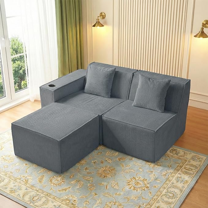 Cloud Modular Sectional CouchBoneless Corduroy Sofa for Living RoomU Shaped Sofa with OttomanDeep SeatNo Assembly Required (Grey 2 Seater + Ottoman Left)