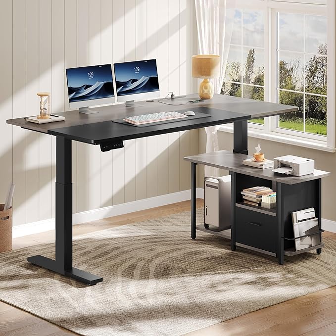 YITAHOME L Shaped Standing Desk with Power Outlets 70.1 Electric Standing Desk Adjustable Height Sit Stand Corner Standing Desks Executive Desk with Drawers &amp Shelves Grey + Black