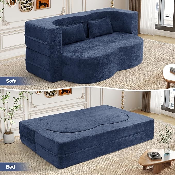 78 Convertible Sofa Bed with Pillows Queen Sleeper SofaFoam Folding Mattress Sleeper Modern Teddy Fabric Floor Cushion and Futon Chaise Lounge SofaFor ApartmentsGuest RoomsGuest UseCondoBlue