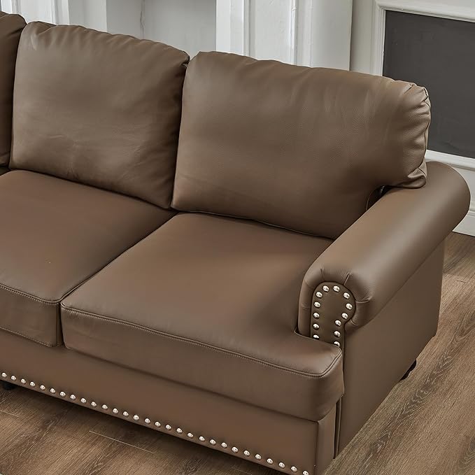 2 Pieses Living Room Sofa Sets Faux Leather Couch and Loveseat with Nailhead Decor Soild Wood Legs Rolled Armrests &amp Storage 2PCS Sofas 3 Seaters Couch and Love Seat for Living Room Furniture S