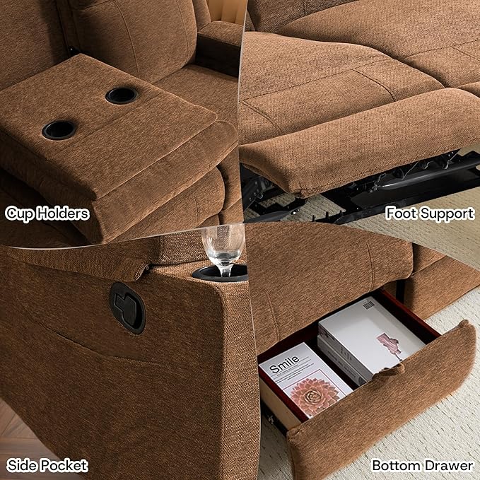 3-Seater Manual Reclining Sofa with Cup Holders Large Chenille Fabric Recliner Couch with Wide Seats Spill-Resistant &amp Easy Assembly Double Side Reclining Chairs for Living Room RV