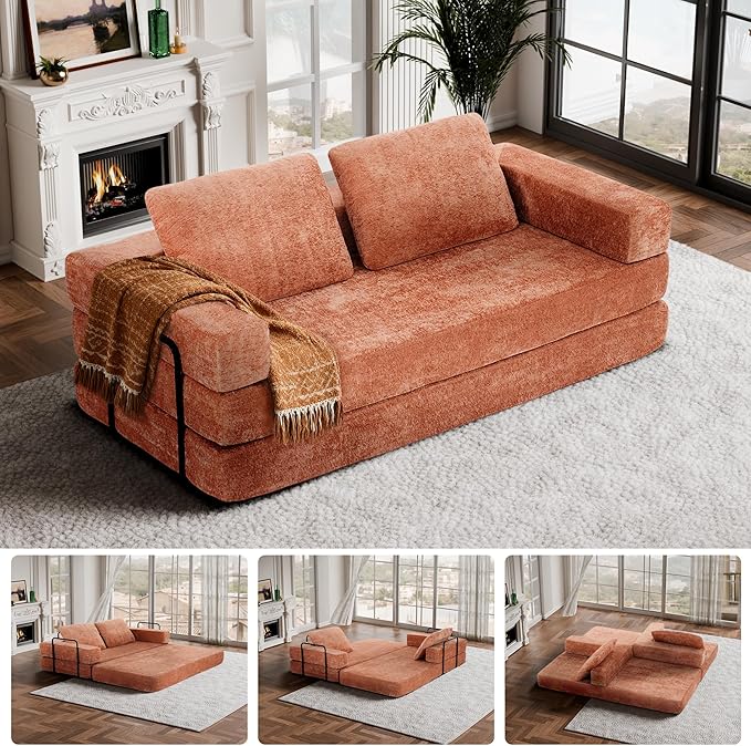Convertible Sofa Bed 4-in-1 DIY Combination Modular Couch with Pillows Comfy Boneless Sleeper Sofa Bed with Fixed-Shape Frame Chenille Convertible Lounge Couch for Living Room Orange