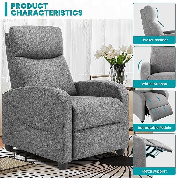 Sweetcrispy Recliner Chair Fabric Recliner Sofa No Massage Home Theater Seating with Lumbar Support Adjustable Push Back Overstuffed High-Density Sponge Reclining for Living Room Grey