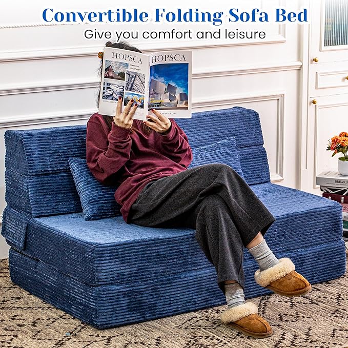 Folding Sofa Bed Convertible Sleeper Chair with Pillow High Density Memory Foam Fold Out Couch Foldable Mattress Futon Sofa for Living Room/Dorm/Guest Use/Apartment/Home Office