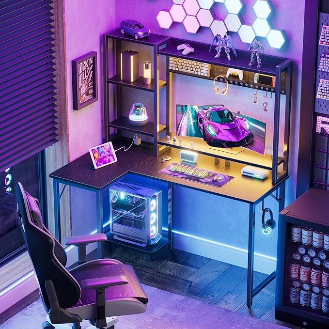 L Shaped Gaming Desk with Shelves - 48 inch Corner Computer Desks with Storage Hutch Shelf Reversible Pegboard Led Lights Power Outlets PC Monitor Stand for Bedroom Black