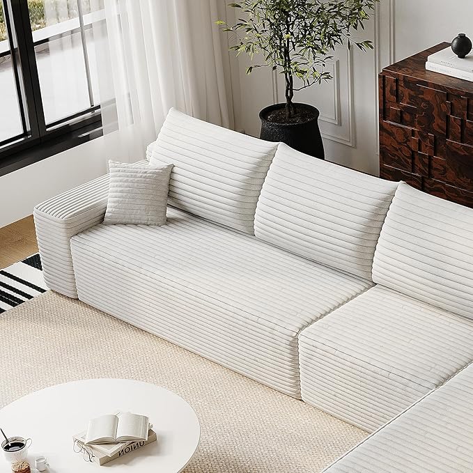 Boneless Sofa 2-Seater Cloud Couches for Living RoomModular Corduroy Upholstered Couch with Deep Seat No Assembly (White Right Armrest)
