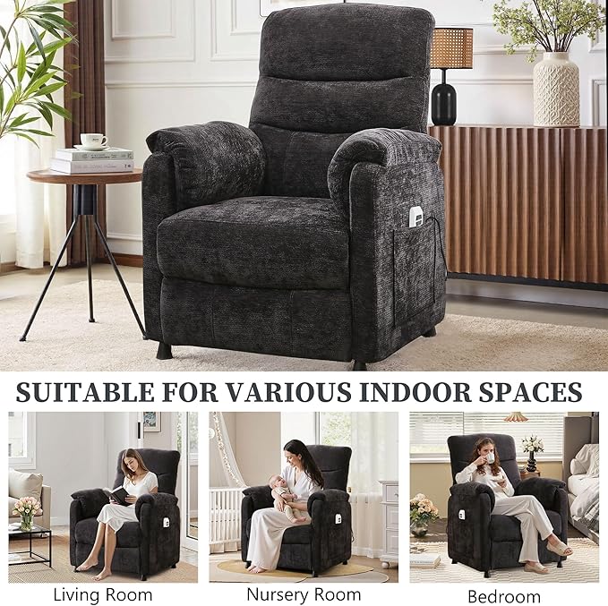 Electric Recliner Chair Power Recliner Sofa with Remote Adjustable Backrest and Side Pocket 7-Zone Support 350 LBS Soft Chenille Fabric Armchair for Living Room Bedroom Black