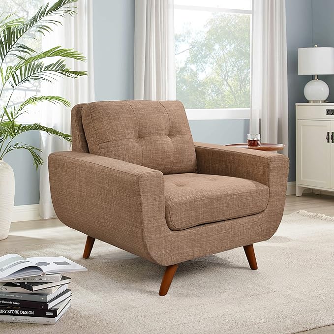 41”Linen Fabric Accent Chair Mid Century Modern Armchair for Living Room Bedroom Button Tufted Upholstered Comfy Reading Accent Sofa ChairsLight Brown
