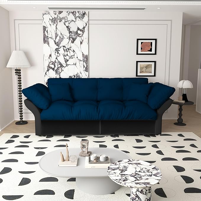 3-in-1 Folding Convertible Sleeper Tufted Couch with 2 Soft Pillows 74.8 Queen Pull Out Sofa Bed Multi-Functional Velvet Loveseat Bed Blue