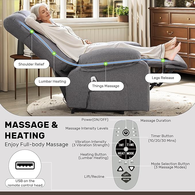 Power Lift Recliner Chair for Elderly Big and Tall Lift Chair with Massage and Heat for Living Room Fabric Electric Recliner Chairs with 4 Side Pockets USB Charge PortGrey