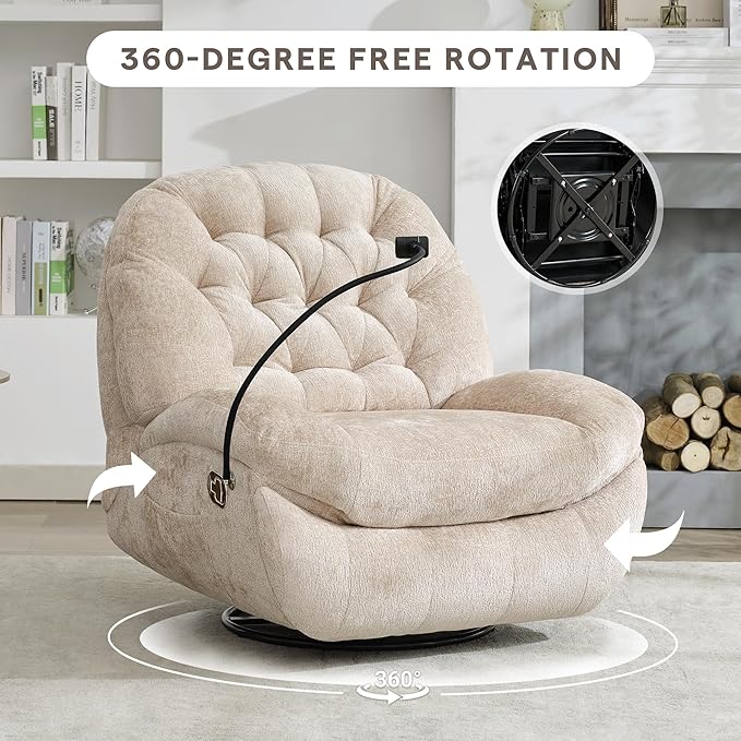 Oversized Swivel Rocker Recliner ChairSwivel Rocking Sofa Large Recliner Glider Chair with Phone Holder Chenille Fabric (Beige)