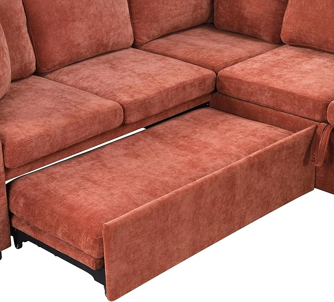 81.9 Sectional Sofa Convertible Pull-Out Sofa Bed Upholstered L-Shaped Sofa Couch with a Sofa Sleeper and a Hidden Storage Compartment for Living Room Apartment (Orange-7.2)