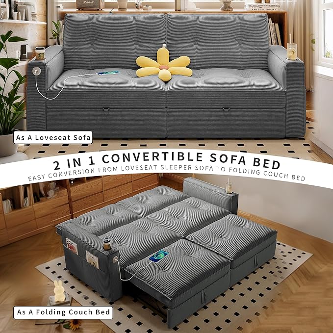 73.2 Pull Out Sofa Bed Corduroy Convertible Sleeper Couch Loveseat Chaise Lounge with Side Pockets &amp Cup Holder Pullout Futon Sofa Bed for Living Room Bedroom Small Spaces RV (Grey-)