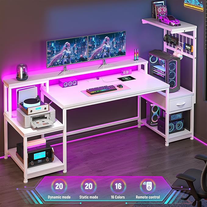 63 Gaming Desk with LED Lights &amp OutletsComputer Desk with Drawers &amp Monitor StandGaming Table with Storage Shelves &amp Printer Space for Game RoomStudy RoomHome OfficeBedroomWhite