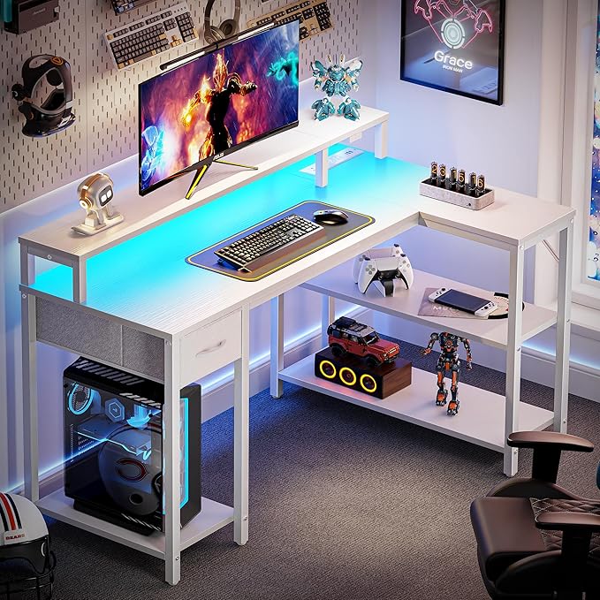 SUPERJARE 47 inch Reversible L Shaped Desk with LED Lights &amp Power Outlets Computer Desk with Shelves &amp Monitor Stand Gaming Desk with Drawer Home Office Desk Corner Desk PU White Drawer