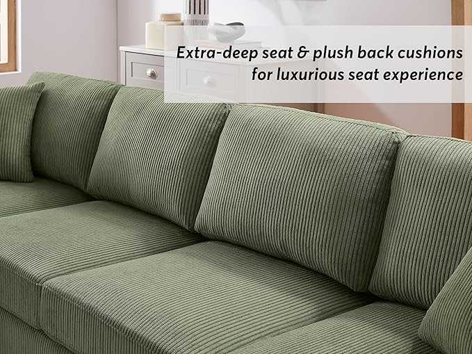 VANOMi 118'' U Shaped Sectional Sofa Couch Corduroy Fabric Modern Cozy Jumbo Size 4-Seater Living Room Couch Double Chaise Longue Olive