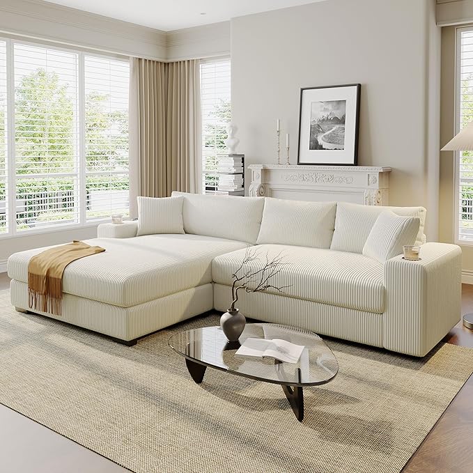 Ball &amp Cast Oversized L-Shaped Sectional Sofa with ChaiseLarge Comfy Upholstered Couch W/Thick CushionBuilt-in Cup Holders &amp Charging PortsWide &amp Thick Armrests &amp Seat Designfor Li