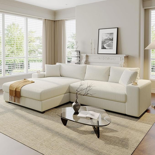111.5 Extra Large L-Shaped Sectional Sofa with Chaise Lounge Modern Plush Corduroy Fabric Dual Cup Holders &amp USB/Type-C Charging Ports Thick Cushions &amp Wide Armrests for Living Room (Beige