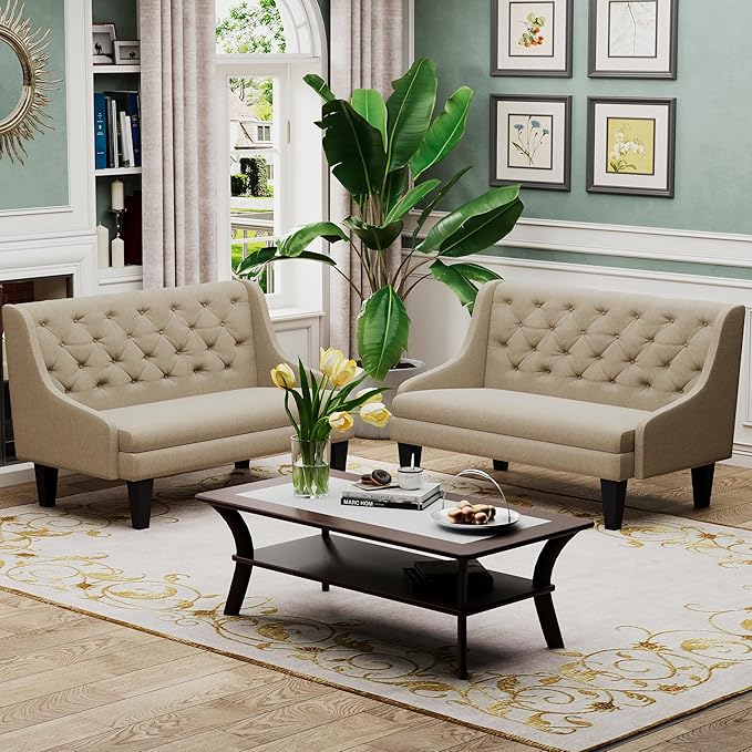 Tongli 50 Small Modern Loveseat Settee Sofa Linen Fabric 2-Seat Sofa Couch Tufted Love Seat Dining Bench with Back Upholstered Banquette Sofas for Living Room Bedroom Small Space Entryway Tan