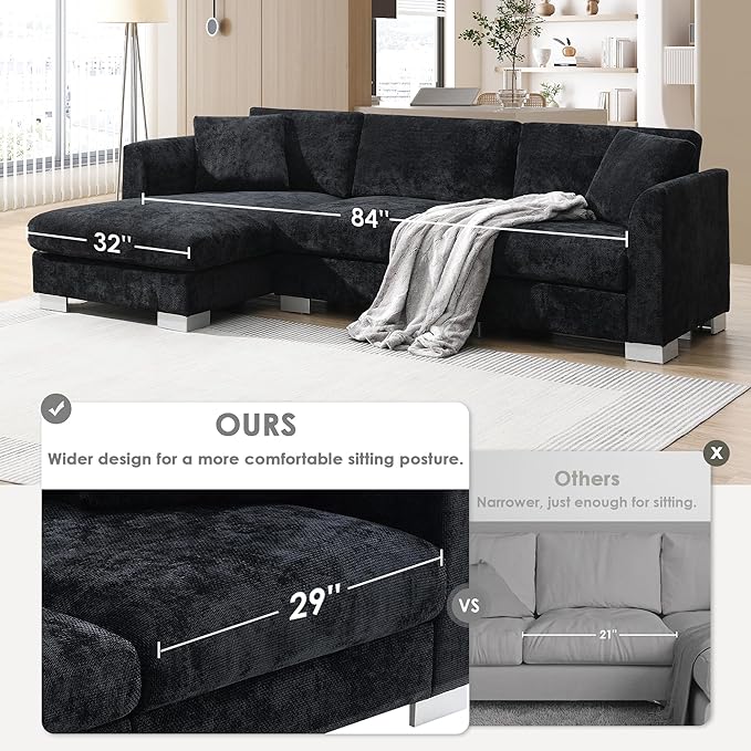 WILLIAMSPACE 96 Cloud Sectional Sofa Couch for Living Room Modern Upholstered L-Shape Sofa 3 Seater Couch with Oversized Chaise Contemporary Corner Sofa for Apartment Chenille (Left-FacingBlack)