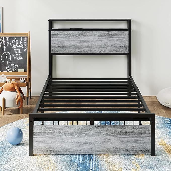 LIKIMIO Twin Bed Frames with Drawer Storage Headboard with Outlets No Box Spring Needed Easy Assembly Industrial Gray
