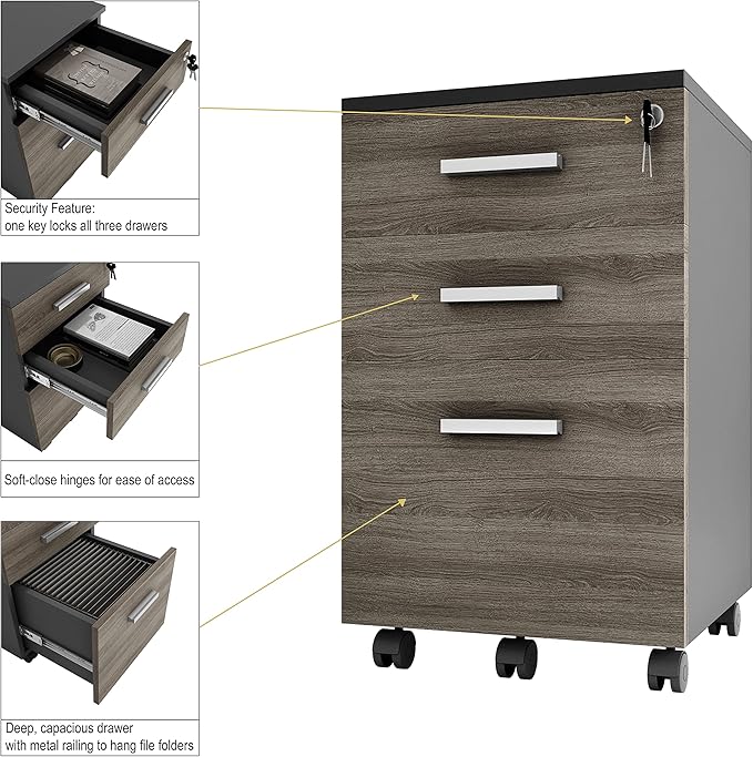 Modern Design Lazio File Cabinet Filing Cabinets for Home Office Drawers for Under Desk Locking 3 Drawer Rolling Wood Filing Cabinet with Lock Black and Grey by Crafts and Comfort