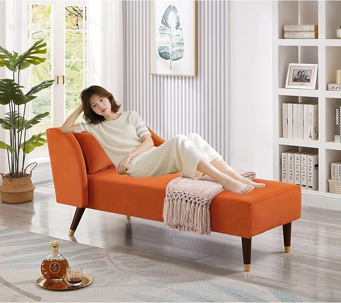 58 Modern Velvet Sofa Chaise with Tilted Backrest Comfortable Luxurious Lounge Chair with Curved Armrests Stylish Sofa Couch with Solid Wood Legs for Apartment Bedroom Living Room Orange