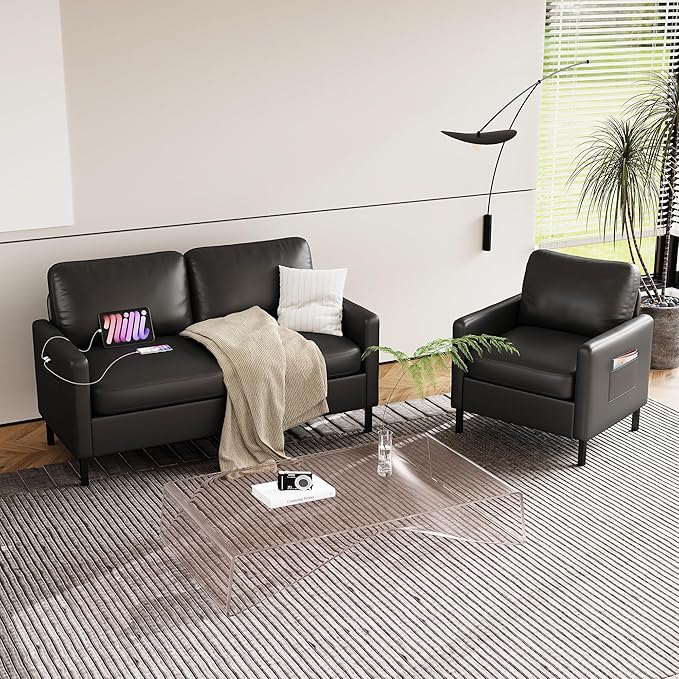 STHOUYN Black Faux Leather Accent Chair with Arms Modern Small Accent Office Chair Waiting Room Chairs for Living Room Bedroom with Metal Legs (1 Black)