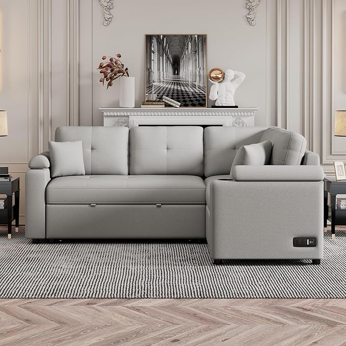 83 L-Shape Sofa Bed Pull-Out Sleeper Sofa with Wheels and Built-in Cup Holders Modern Button Tufted 3 Seater Sectional Corner Couch with Power Sockets for Living Room (Grey-s32)