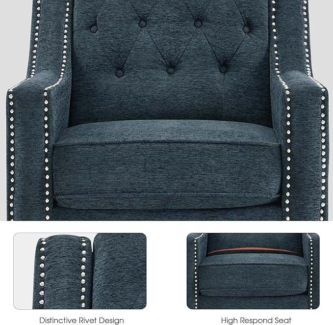 MCombo Modern Accent Chair with High Legs Chenille Upholstered Single Sofa Chair with Tufted Button Back &amp Ergonomic Armrests Solid Wood Legs for Living Room Bedroom 4260 (Light Blue)