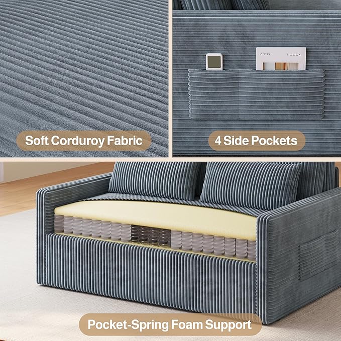 Ahomly 77.2'' Extended Pull Out Sofa Bed 3-in-1 Convertible Loveseat Sleeper Couch Bed Corduroy Sofa for Living Room Bedroom Apartment Dark Grey