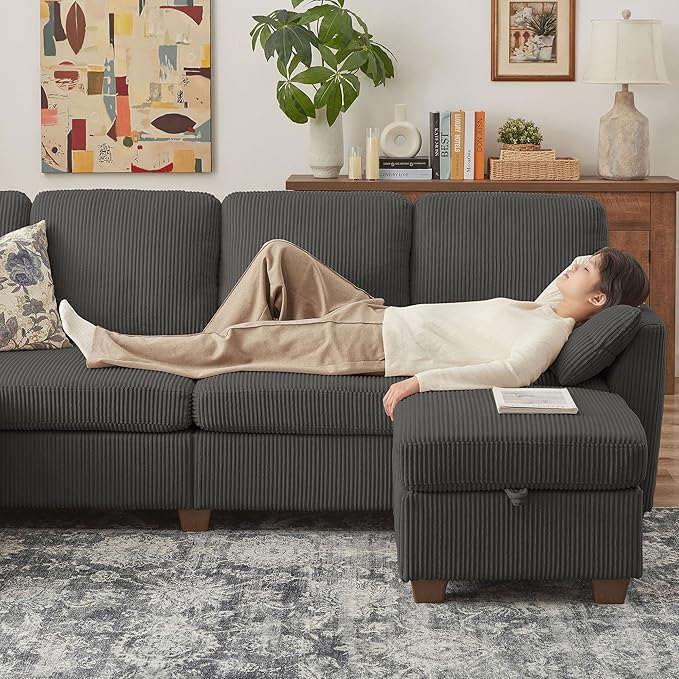 4-Seater U Shaped Sofa with 2 Storage Ottomans Comfortable Corduroy Fabric Convertible Sectional Couch with 2 Pillows Modern Couches for Living Room (Dark Grey)