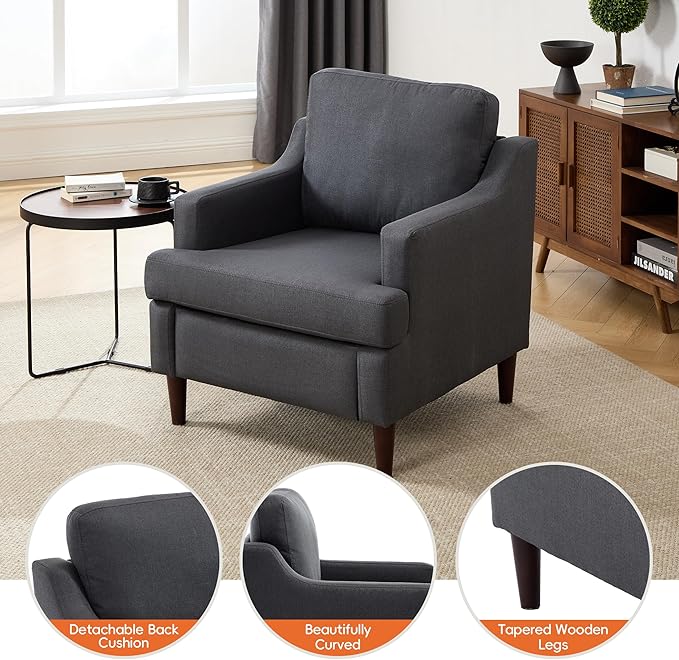 Mid-Century Accent Chair Modern Linen Fabric Armchair for Living RoomComfy Upholstered Reading Chairs for BedroomSingle Sofa Chair with Wood Legs (Darkgrey Set of 2)