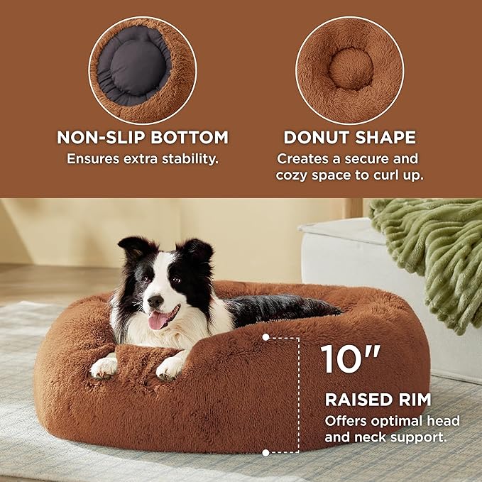 Bedsure Calming Dog Bed for Large Dogs - Donut Washable Large Pet Bed 36 inches Anti-Slip Round Fluffy Plush Faux Fur Dog Bed Fits up to 80 lbs Pets Copper
