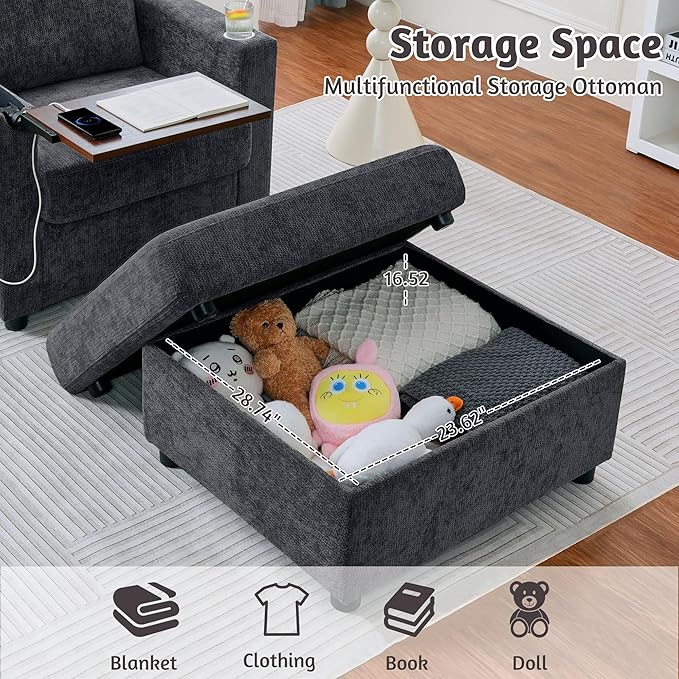 34.25 Accent Chairs with Storage Ottoman Set Upholstered Living Room Chairs for Reading Chair with Chaise Lounge Chairs Indoor Comfortable Armchair for Bedroom (Gray 34.25)