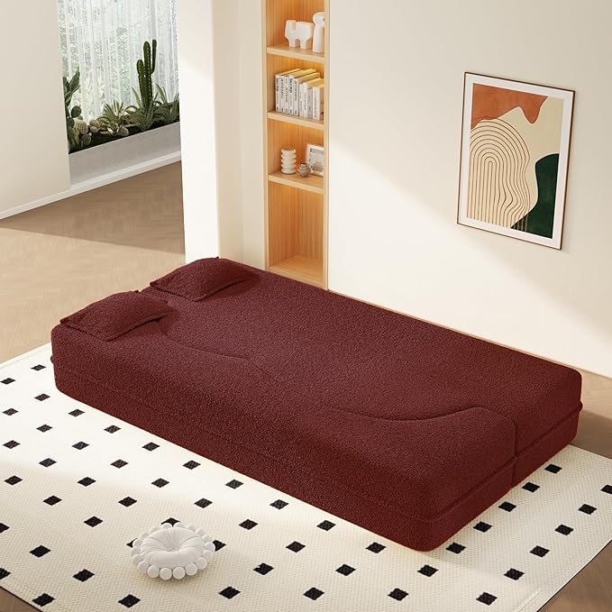 2 in 1 Convertible Compressed Sofa Bed 54'' Modern Boneless Loveseat Sleeper in a Box Floor Mattress Futon Couch No Assembly Needed Space Saving Burgundy 2 Pillows Full for Small Living Room